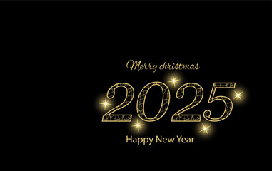 New Year 2025 gold, black background, festive design template for holiday card, invitation, calendar poster, banner.Vector illustration