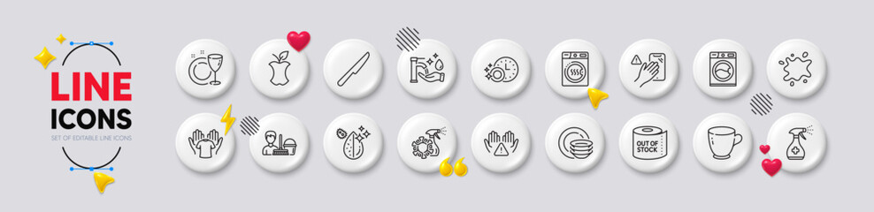 Dishwasher timer, Washing hands and Hold t-shirt line icons. White buttons 3d icons. Pack of Dont touch, Clean hands, Dishes icon. Toilet paper, Dirty spot, Cleaning service pictogram. Vector