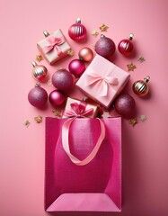 bag with pink christmas decorations