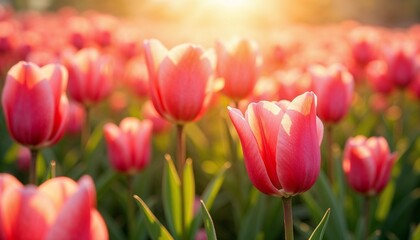 Beautiful field of pink tulips under sunrise light, symbolizing spring and Easter celebration