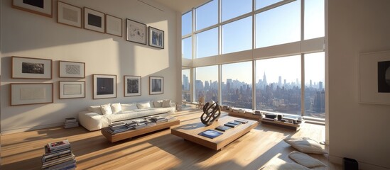 Fototapeta premium Modern living room with large windows overlooking city skyline. (1)