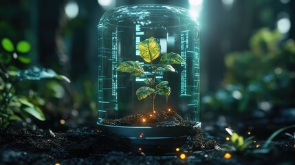 A small plant growing inside a futuristic glass dome. The plant is surrounded by glowing particles, suggesting a controlled environment.