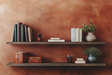 Stylish wooden shelves displaying books and decorative items in a warm, cozy room with natural light