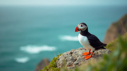 Fototapeta premium wild bird, nature, light, puffin on rocky cliff overlooking the ocean