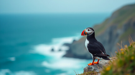 wild bird, nature, light, puffin on rocky cliff overlooking the ocean