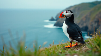 wild bird, nature, light, puffin on rocky cliff overlooking the ocean