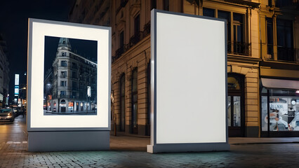 Front view of a blank white advertising billboard at night city street, mockup generative ai