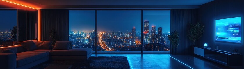 Experience the serenity of a cityscape at night from your modern living room