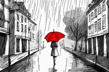 CARICATURE OF A WOMAN WITH A RED UMBRELLA WALKING IN THE RAIN