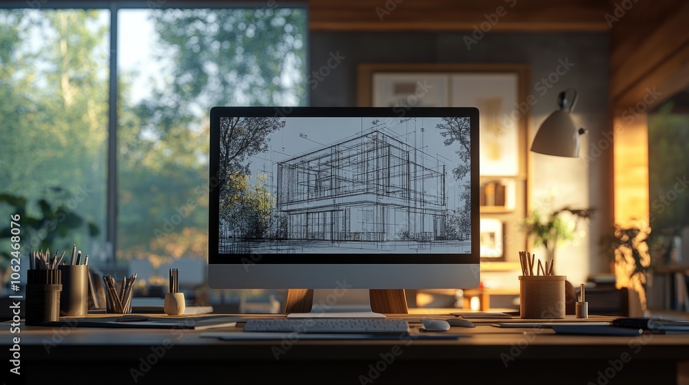 Poster a modern computer on a desk in a home office showing a blueprint of a modern house with large window