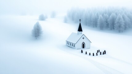A serene winter scene with a church surrounded by snow and distant trees, AI