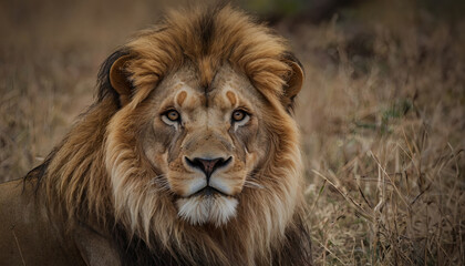 Fototapeta premium Majestic lion resting in the grasslands during golden hour in the African savanna