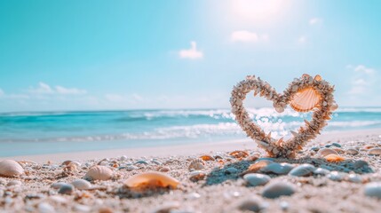 Seashell heart on sandy beach in 169 aspect ratio