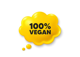 100 percent vegan tag. Comic speech bubble 3d icon. Organic bio food sign. Vegetarian product symbol. Vegan food chat offer. Speech bubble comic banner. Discount balloon. Vector