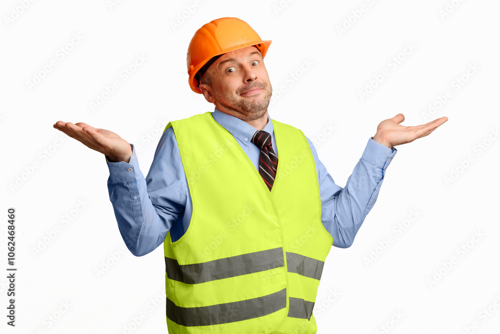 Poster clueless builder worker shrugging shoulder looking at camera posing over white background. studio sh