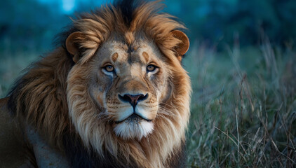 Fototapeta premium Majestic lion resting in tall grass during golden hour in a serene African savannah landscape