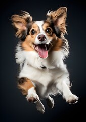 Fototapeta premium A playful, energetic dog leaps toward the camera with fluffy fur and wide, expressive eyes, captured mid-jump against a dark background. Its tongue hangs out happily.