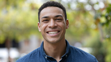 Smiling Man in Blue Shirt Outdoors Green Background