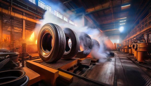 Intricate tire vulcanization process showcasing steaming molds and precise temperature control. This critical step enhances tire durability and performance in an automotive manufacturing setting
