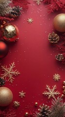 Festive holiday decorations featuring red and gold ornaments and snowflakes on a vibrant background