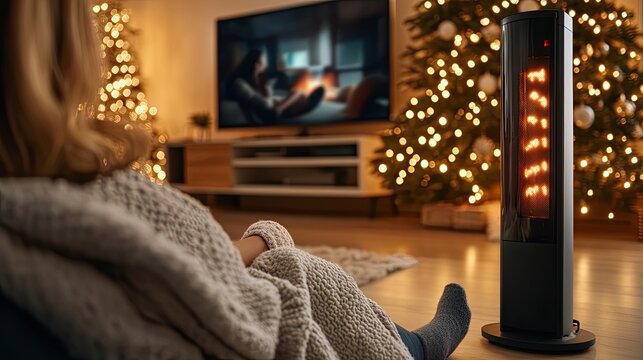 A woman sits comfortably in a blanket, enjoying the warmth from an electric tower heater while watching television in her living room - Powered by Adobe