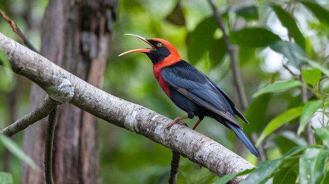 RedCrested Cotinga Perched On Branch In Forest