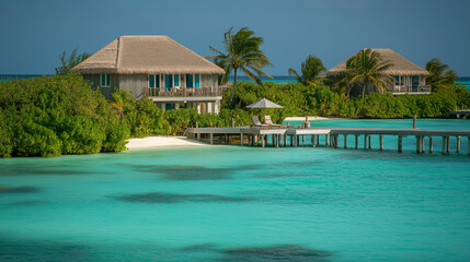 Obraz premium Maldives, a two-story bungalow with a pool and overwater walkway nestled in palm groves on the ocean shore.