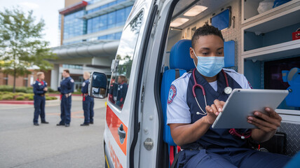 EMT Using Tablet In Ambulance Near Hospital