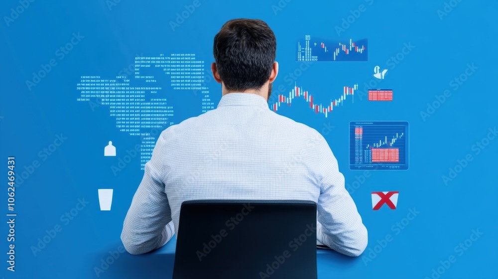 Poster businessman analyzing financial data on virtual screen with charts and graphs