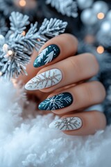 christmas manicure neat sleek design, luxury and upscale salon style white blue color palette