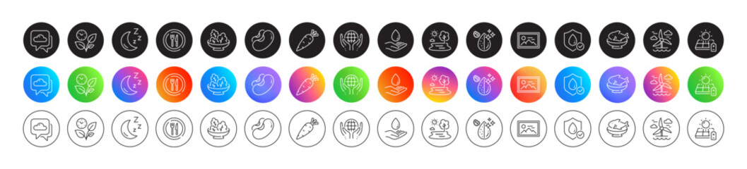 Leaves, Beans and Dirty water line icons. Round icon gradient buttons. Pack of Photo, Solar panel, Organic tested icon. Food, Carrot, Waterproof pictogram. Lake, Weather forecast, Water care. Vector