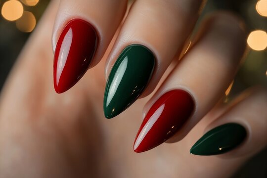 christmas manicure neat sleek design, luxury and upscale salon style crimson green color palette, Russian manicure nails design