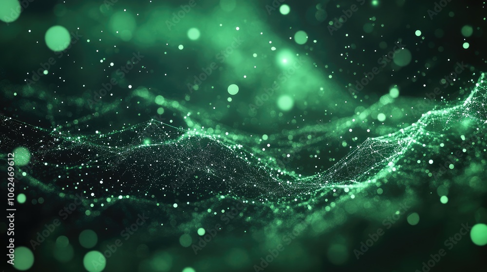 Poster abstract green digital wave with glowing particles and bokeh.