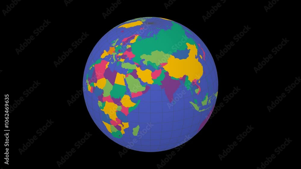Poster rotating planet. slanted sphere view. moderate speed globe rotation. colored countries style. world 