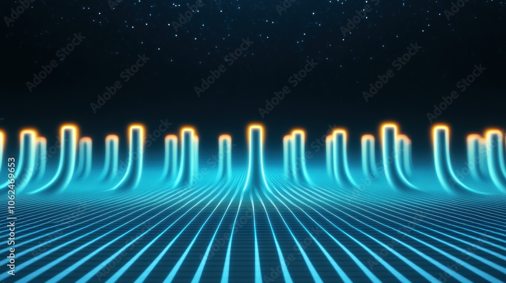 Poster abstract neon wave lines with glowing edges on grid surface in futuristic digital landscape.