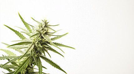Close-up of a vibrant green cannabis plant with buds and trichomes, isolated on a white background