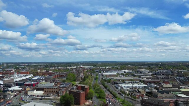High Angle Footage of Historical Central Wolverhampton City of England United Kingdom. Aerial View Was Captured with Drone's Camera on May 4th, 2024