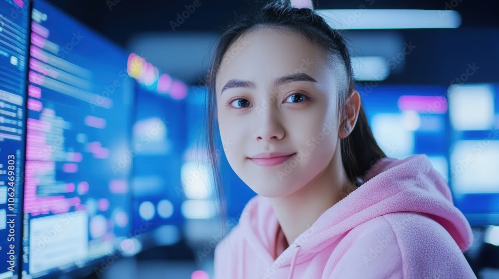 Poster young woman in a pink hoodie smiling in front of multiple computer screens with code