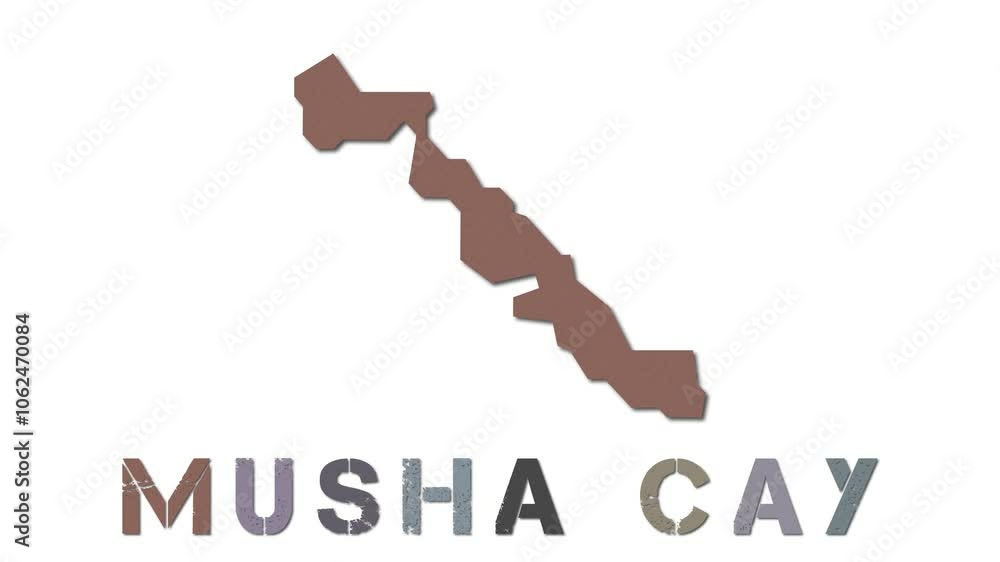 Poster musha cay map with paper regions. animated island map growing from regions and title letters falling