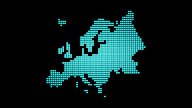 Europe digital map. Map of Europe in a dotted style. The shape of the continent is filled with rectangles. Artistic video.