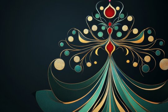 Art Nouveau Christmas tree topper with flowing lines and jewel tones, minimal background with copy space Illustration