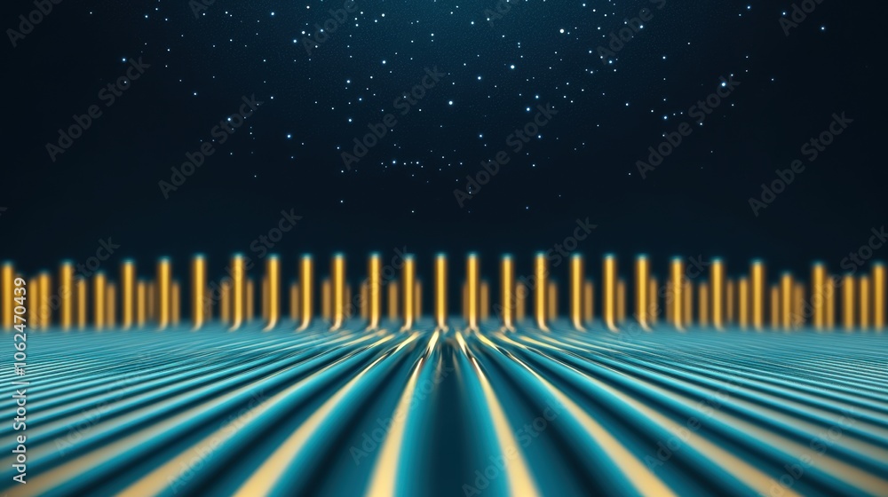 Poster abstract digital landscape with glowing yellow columns and blue lines extending towards the horizon 