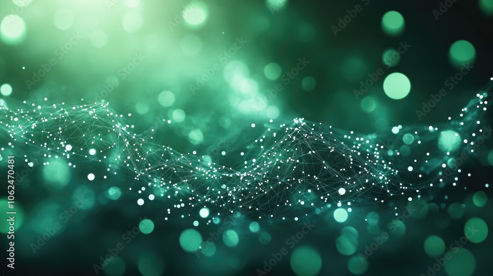 Poster abstract green and white background with bokeh and a mesh wave.