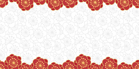 Creative drawing red plum blossom frame seamless pattern with hand drawn art elements on white plum blossom background. Great design for any purposes.Vector, illustration.