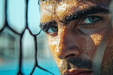 padel or tennis player focused face closeup, sweat dripping, against a blurred court and net backdrop, minimal background with copy space