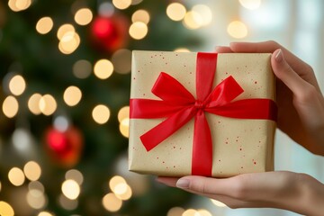 hands passing a beautifully christmas wrapped gift with a red ribbon, set against a blurred festive background, sustainable eco DIY packaging of presents