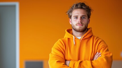 Fototapeta premium Portrait of a confident young man wearing an orange hoodie, standing with arms crossed against an orange background.