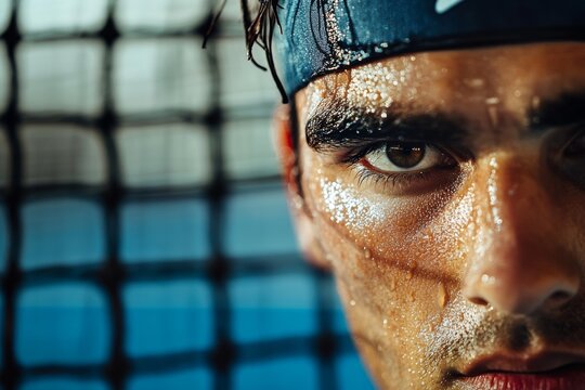 padel or tennis player focused face closeup, sweat dripping, against a blurred court and net backdrop, minimal background with copy space