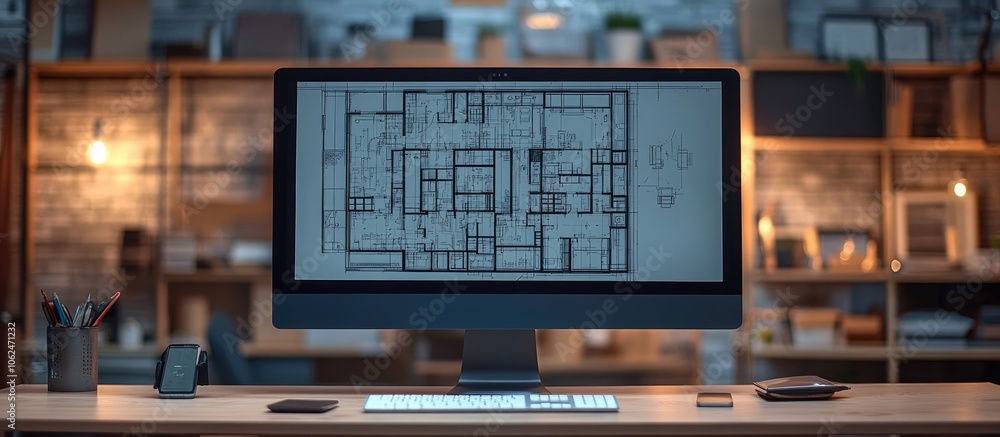 Poster a computer monitor displaying a floor plan of a building on a desk in an office.