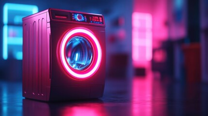 Modern washing machine with neon lights in a futuristic room. Home appliance and technology concept.